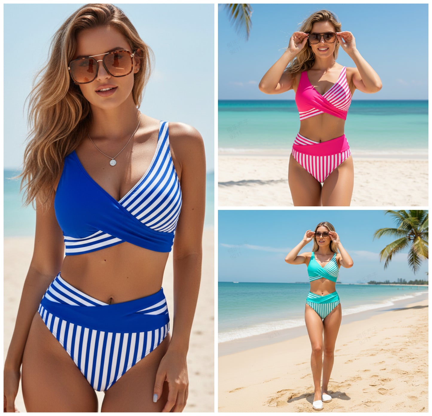 Lenyűgöző nyári strandbikini-szett – színekkel kontrasztos és csíkos mintával