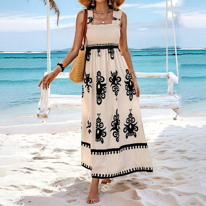 ☀️ Pamut női nyári nyári nyomtatás nyári nyomtatás ujjatlan Flowy hosszú ruha👗