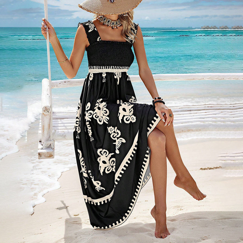 ☀️ Pamut női nyári nyári nyomtatás nyári nyomtatás ujjatlan Flowy hosszú ruha👗
