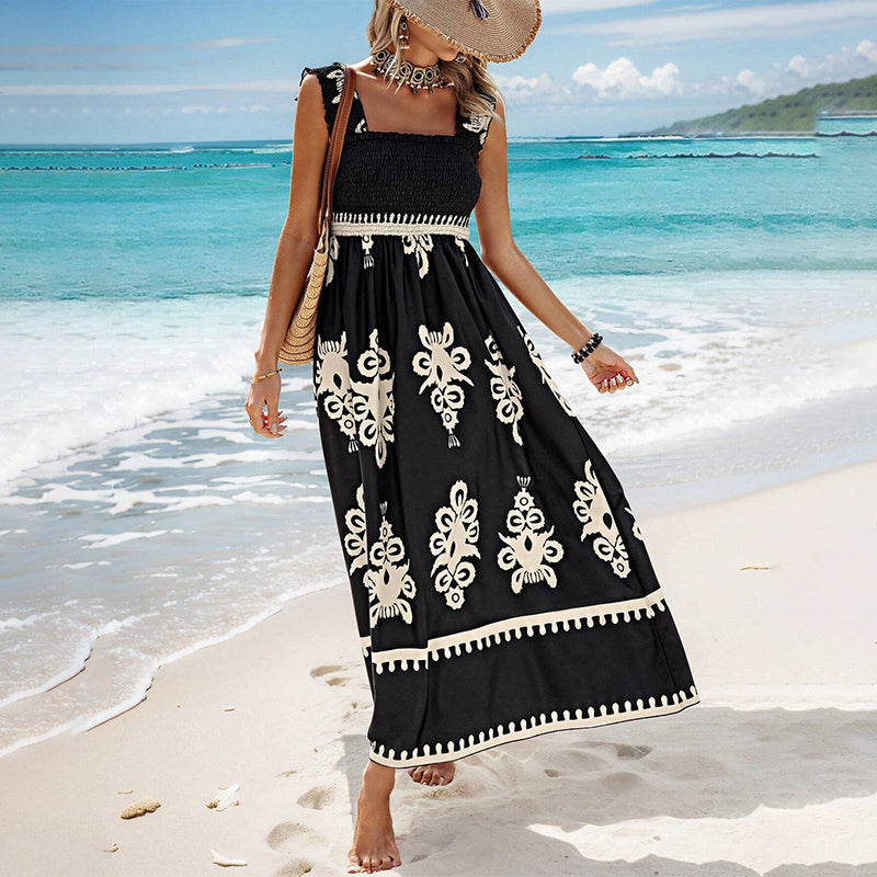 ☀️ Pamut női nyári nyári nyomtatás nyári nyomtatás ujjatlan Flowy hosszú ruha👗
