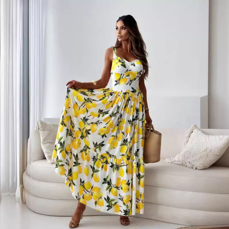 đNĆi elegĂĄns citrom nyomtatĂĄs Spagetti pĂĄntos Flowy hosszĂș ruha