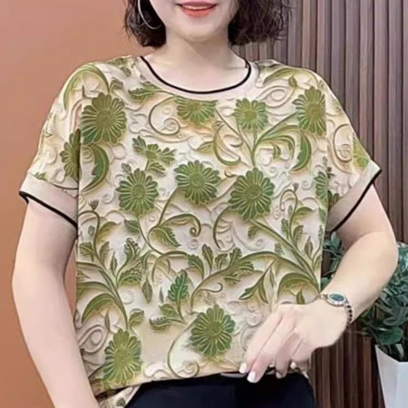 Elegáns 3D virágos kerek nyakú rövid ujjú top