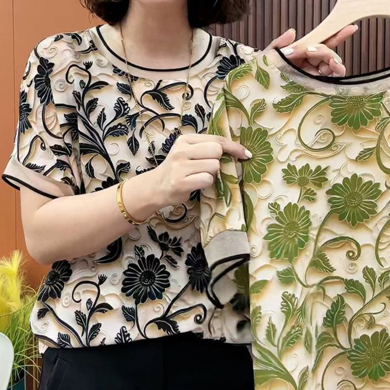 Elegáns 3D virágos kerek nyakú rövid ujjú top