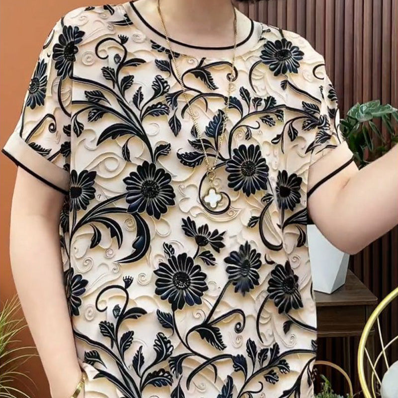 Elegáns 3D virágos kerek nyakú rövid ujjú top