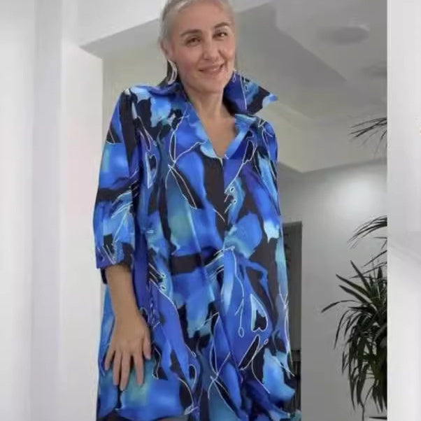 Divat nyomtatott V-nyakú hajtókás gallér ing ruha 3.54