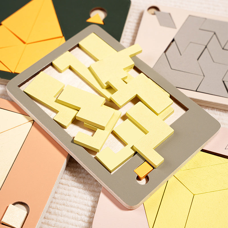 Fa tangram táblás puzzle játék Montessori alakzat puzzle válogató játék Színes tangram oktatási mintás játék gyerekeknek