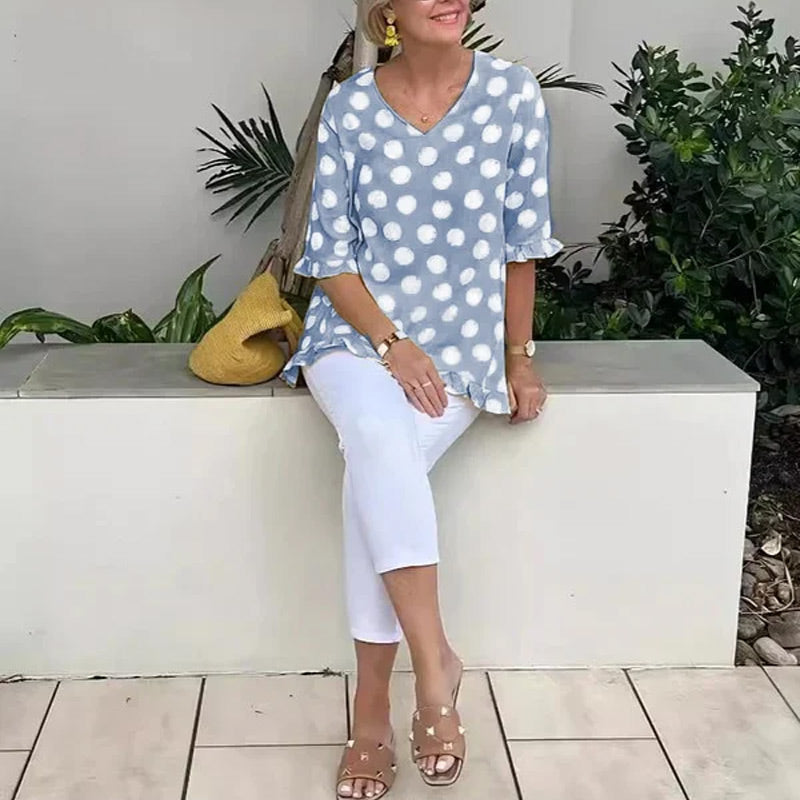 Női divatos nyomtatás V nyak Loose Fit Top