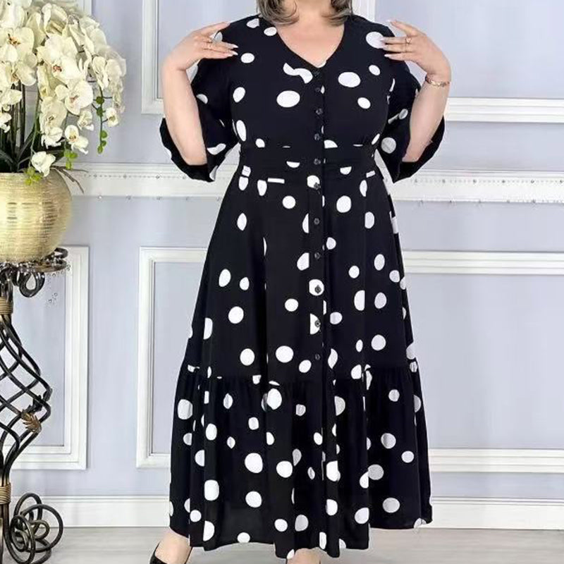 🌸Tavaszi akciók💐 Női elegáns, V-nyakú pöttyös pöttyös ruha