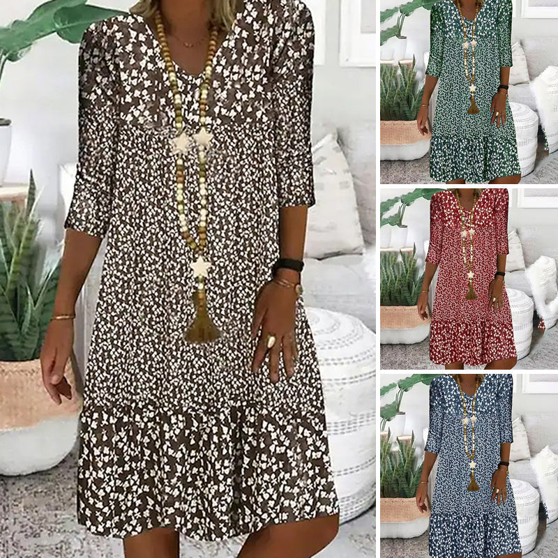 👗Női divat nyomtatott női középső ujjú V-nyakú ruha