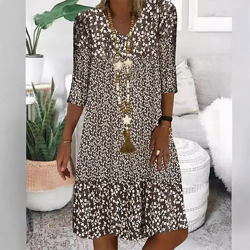 👗Női divat nyomtatott női középső ujjú V-nyakú ruha