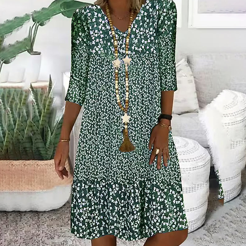 👗Női divat nyomtatott női középső ujjú V-nyakú ruha