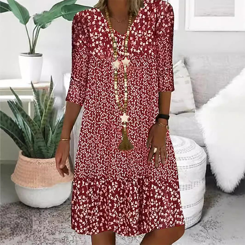 👗Női divat nyomtatott női középső ujjú V-nyakú ruha