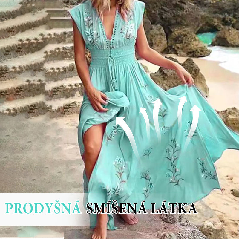 Női alkalmi boho nyári hosszú ruha v-nyakú nyomtatással