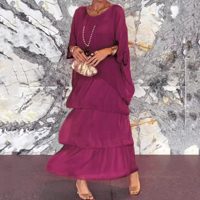 Elegáns emeletes fodros sifon Maxi ruha