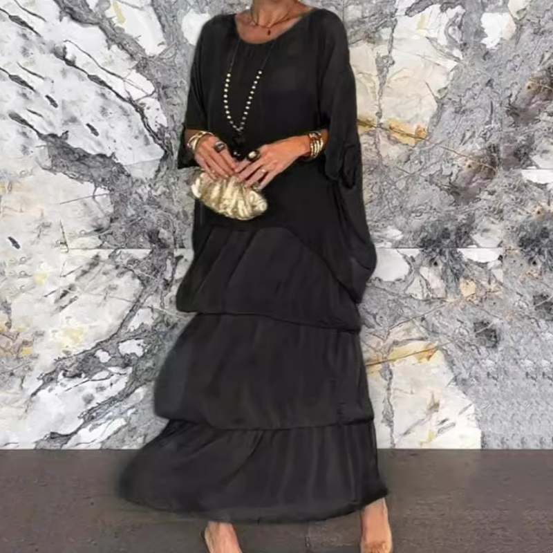 Elegáns emeletes fodros sifon Maxi ruha