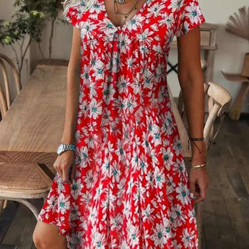 【M-3XL】🌺Női elegáns virágos nyomtatás V-nyakú hosszú ruha