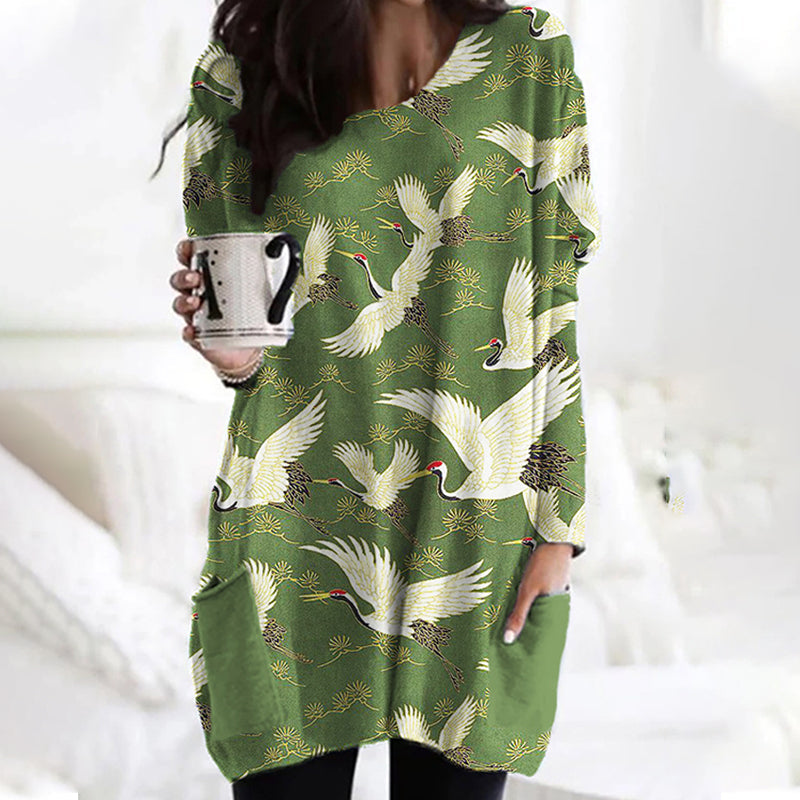 Loose Printed Long Sleeve Midi Dress