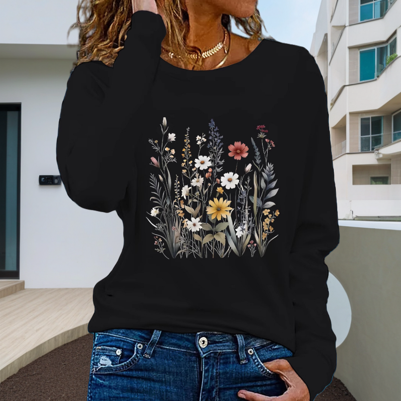 Women’s Floral Printed Round-Neck Long-Sleeve Tops