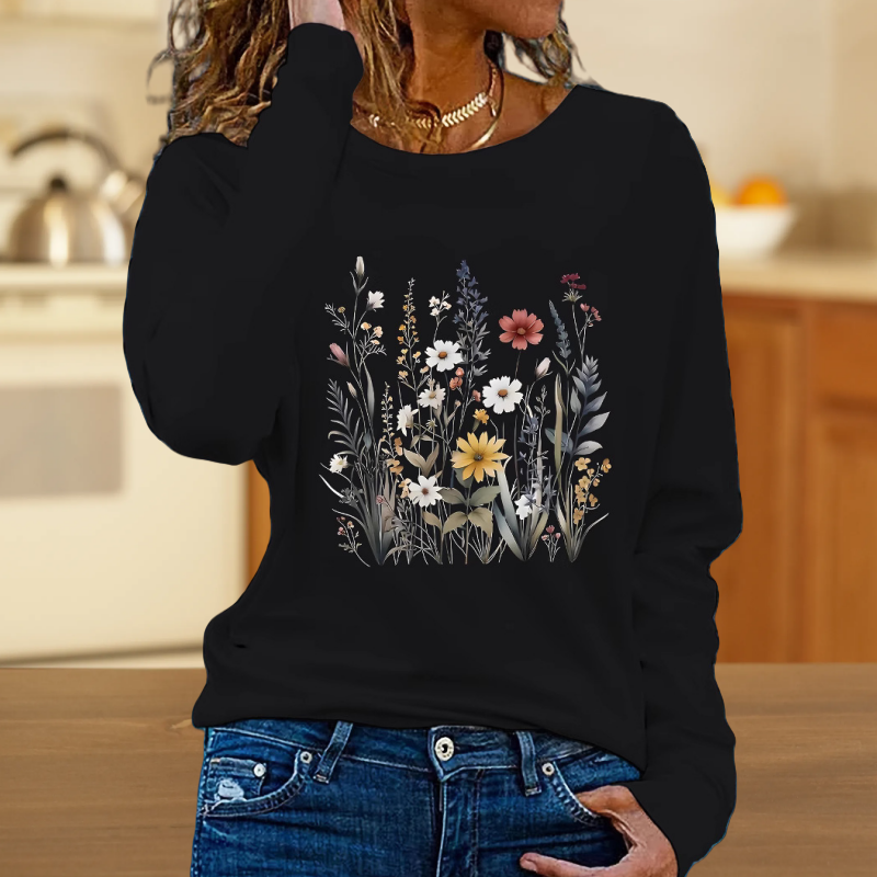 Women’s Floral Printed Round-Neck Long-Sleeve Tops