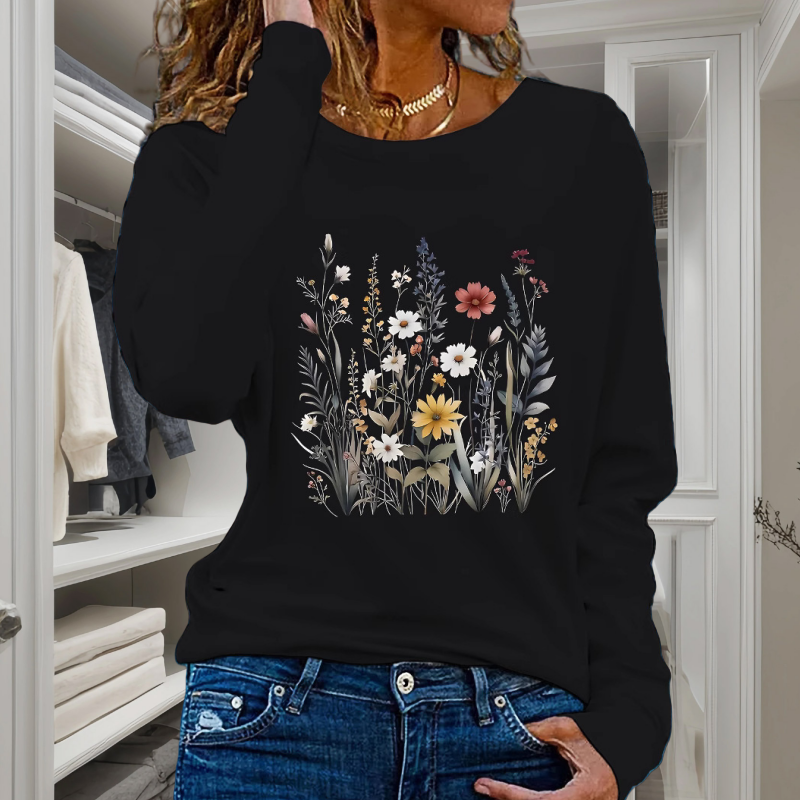 Women’s Floral Printed Round-Neck Long-Sleeve Tops