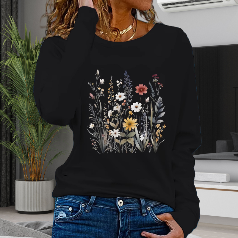 Women’s Floral Printed Round-Neck Long-Sleeve Tops
