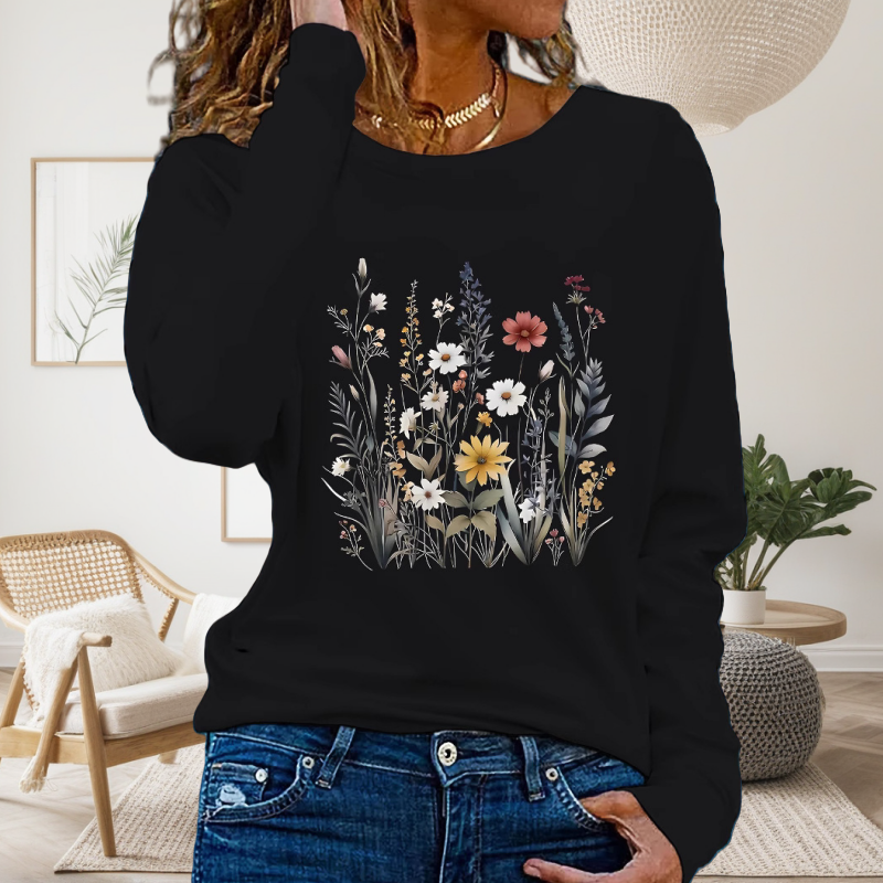 Women’s Floral Printed Round-Neck Long-Sleeve Tops