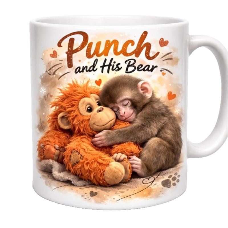 ☕🐒„Punch és a medve” aranyos majom kerámia bögre