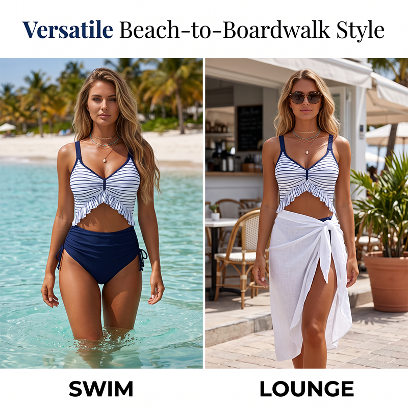 👙 Ráncolt magas derekú bikini szett – haskontroll, gyorsan száradó anyag, állítható oldalsó megkötők, S–2XL méret