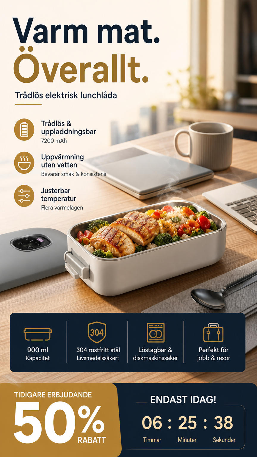 🍱 🔋 Elektromos uzsonnásdoboz USB töltéssel – Önmelegítő és könnyű – Tökéletes munkába, iskolába és utazáshoz ⚡