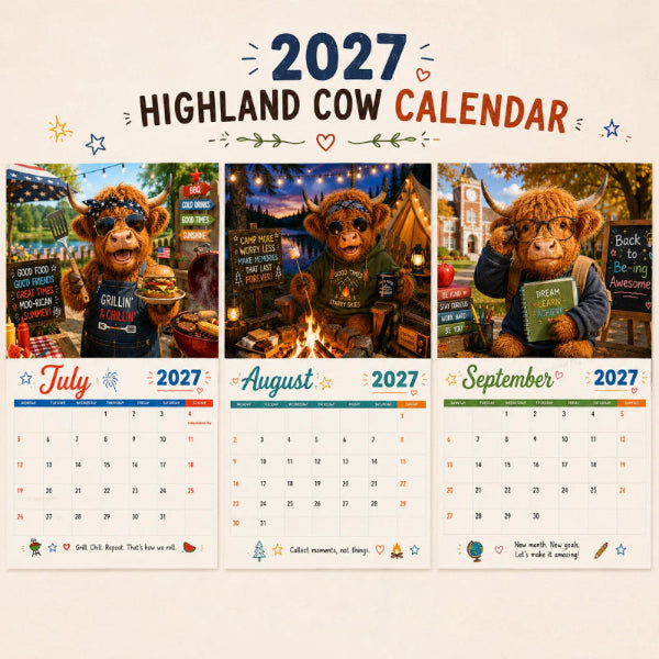 🐮Humoros 2027-es Highland Cow falinaptár, A4-es méret, eredeti fali dekoráció 🗓️✨