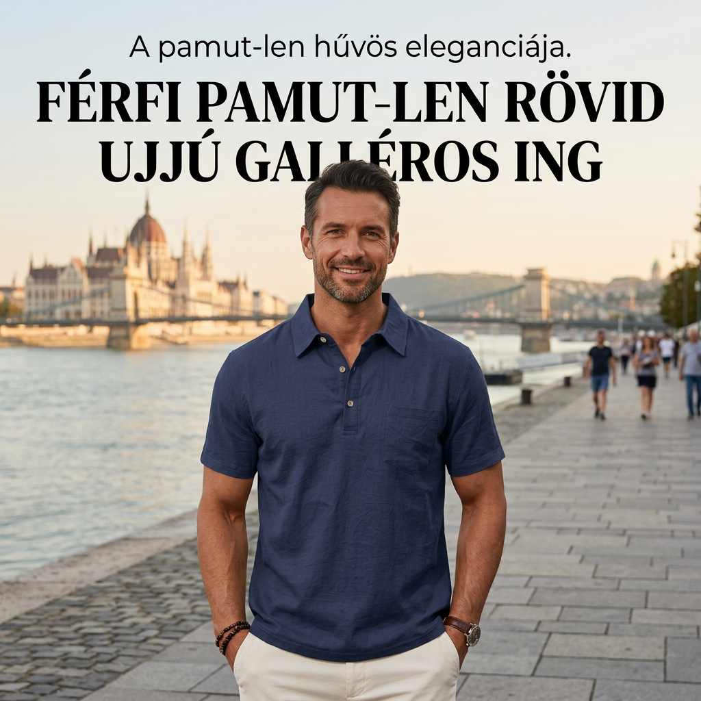 Férfi pamut-len rövid ujjú galléros ing