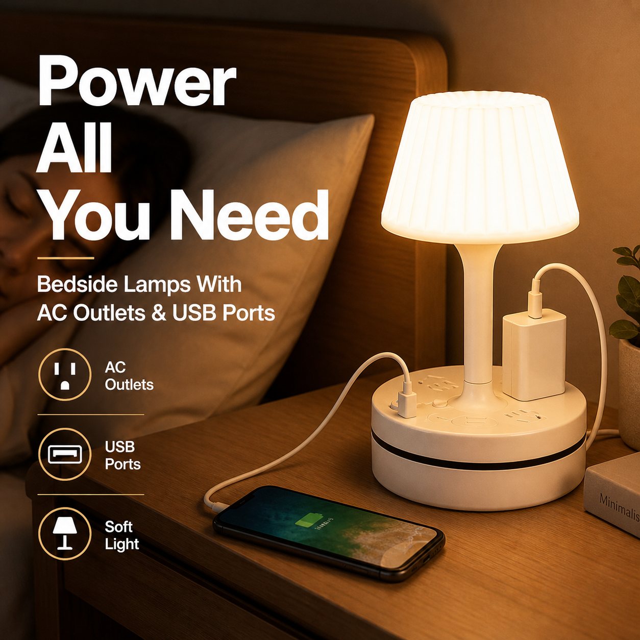 🛏️💡 Ágy melléki lámpa AC aljzattal és USB portokkal: Töltés és fény egyben 🔌🛡️