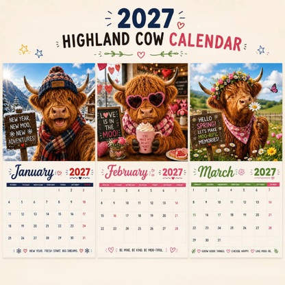 🐮Humoros 2027-es Highland Cow falinaptár, A4-es méret, eredeti fali dekoráció 🗓️✨