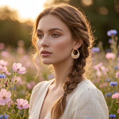✨ Aranyozott Félhold Fülbevaló Virágmintával: Egyedi Ékszer – Raktáron! 🌸