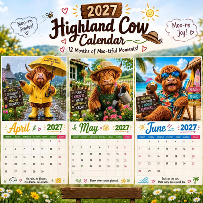 🐮Humoros 2027-es Highland Cow falinaptár, A4-es méret, eredeti fali dekoráció 🗓️✨