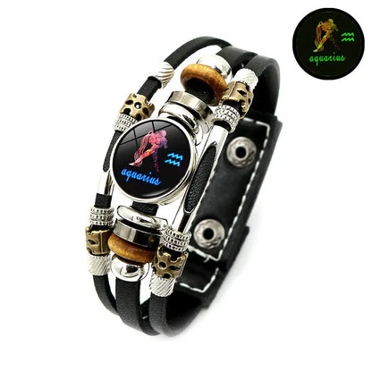 💥☪️Bőr karkötő állatöv jelekkel (sötétben világító) – nőknek és férfiaknak (6,9/8,1 hüvelyk)♑️