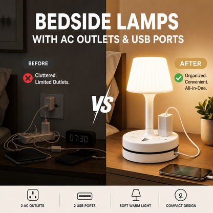 🛏️💡 Ágy melléki lámpa AC aljzattal és USB portokkal: Töltés és fény egyben 🔌🛡️