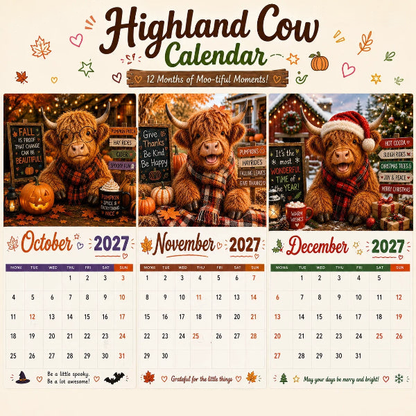🐮Humoros 2027-es Highland Cow falinaptár, A4-es méret, eredeti fali dekoráció 🗓️✨