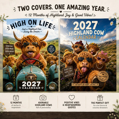 🐮Humoros 2027-es Highland Cow falinaptár, A4-es méret, eredeti fali dekoráció 🗓️✨