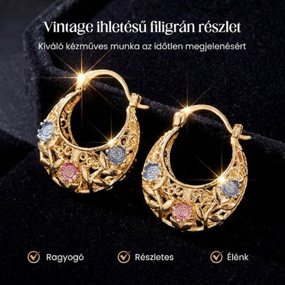 ✨ Aranyozott Félhold Fülbevaló Virágmintával: Egyedi Ékszer – Raktáron! 🌸
