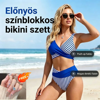 Lenyűgöző nyári strandbikini-szett – színekkel kontrasztos és csíkos mintával