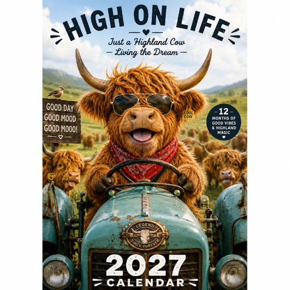 🐮Humoros 2027-es Highland Cow falinaptár, A4-es méret, eredeti fali dekoráció 🗓️✨