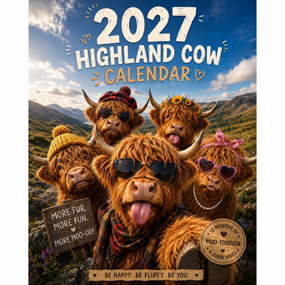 🐮Humoros 2027-es Highland Cow falinaptár, A4-es méret, eredeti fali dekoráció 🗓️✨