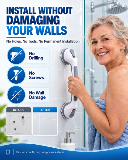 🚿🛁 Tapadókorongos fürdőszobai fogantyú – fúrás nélkül, gyors felszerelés és további támasz a fürdőszobában 🔒