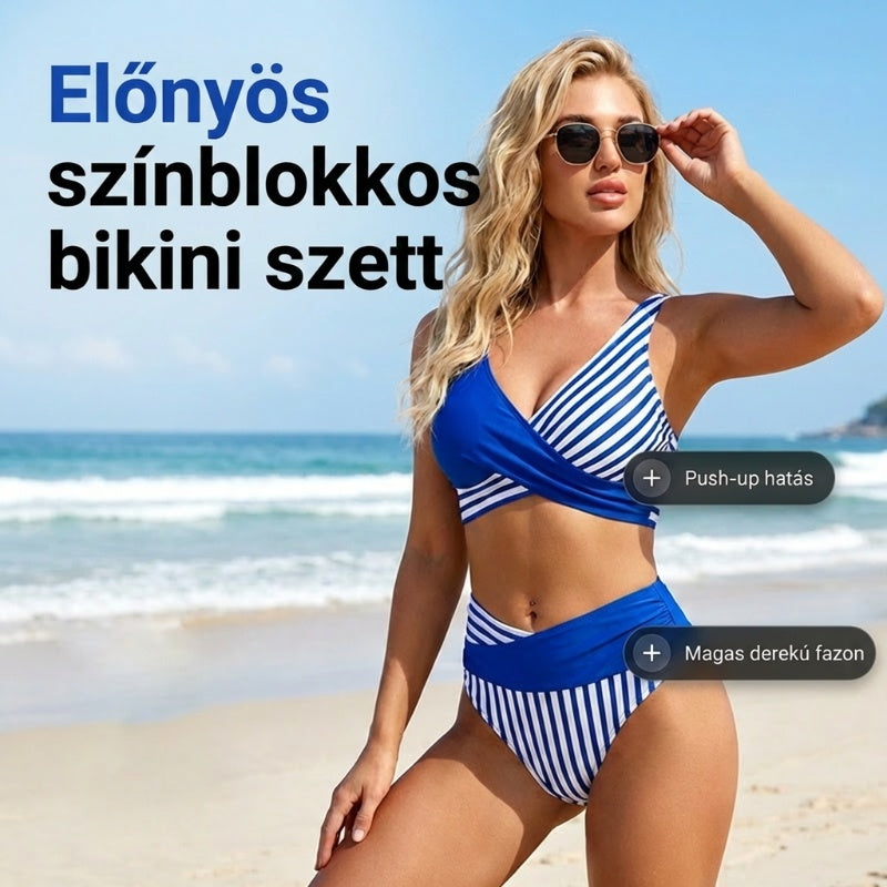 Lenyűgöző nyári strandbikini-szett – színekkel kontrasztos és csíkos mintával