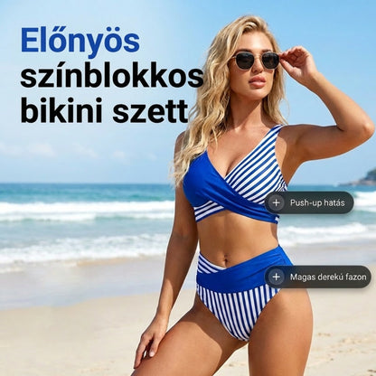 Lenyűgöző nyári strandbikini-szett – színekkel kontrasztos és csíkos mintával