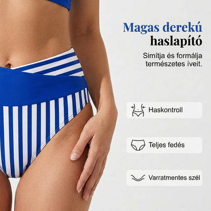 Lenyűgöző nyári strandbikini-szett – színekkel kontrasztos és csíkos mintával