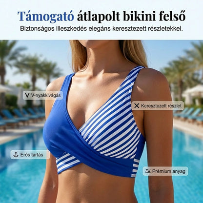 Lenyűgöző nyári strandbikini-szett – színekkel kontrasztos és csíkos mintával