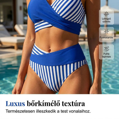 Lenyűgöző nyári strandbikini-szett – színekkel kontrasztos és csíkos mintával