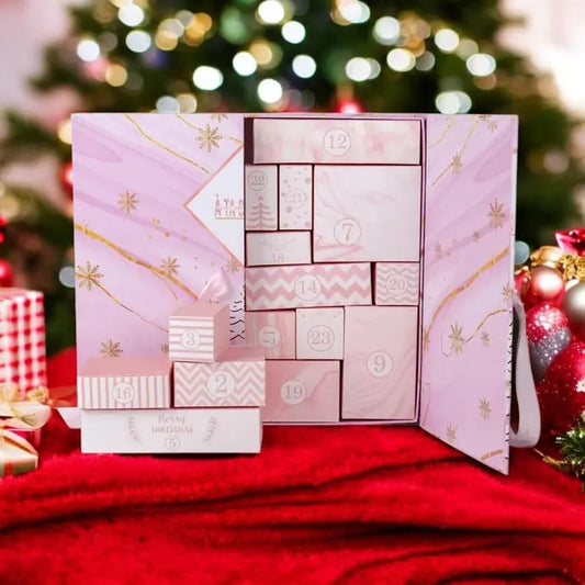 🎁 24 napos karácsonyi visszaszámlálás meglepetésekkel — rózsaszín ajándékdoboz, tökéletes ajándék nőknek